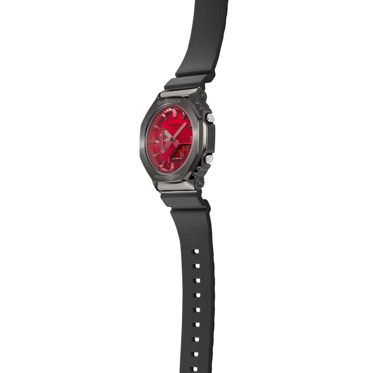Casio G-Shock chronograph watch side profile with black strap and bezel buttons