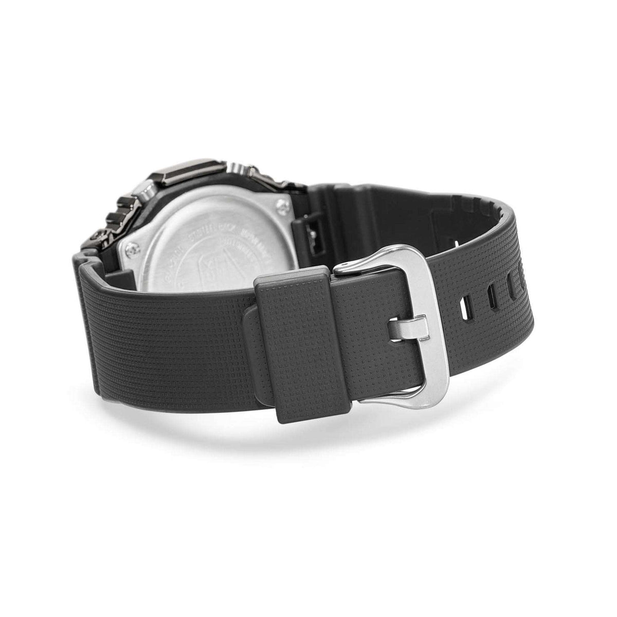 Casio G-Shock chronograph watch with black textured strap and metal buckle