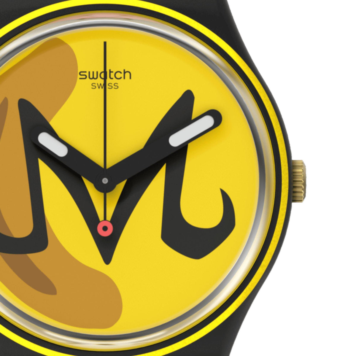Yellow dial quartz watch close-up with black hands, gray bezel, and logo markers