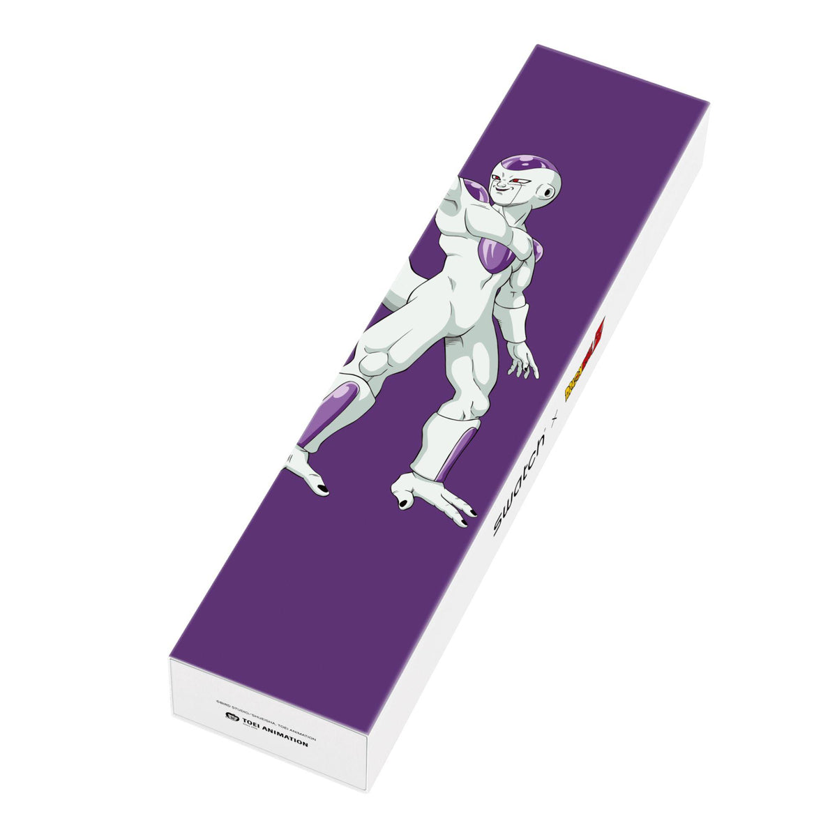 Purple Swatch watch gift box with Frieza character graphic on the long side.