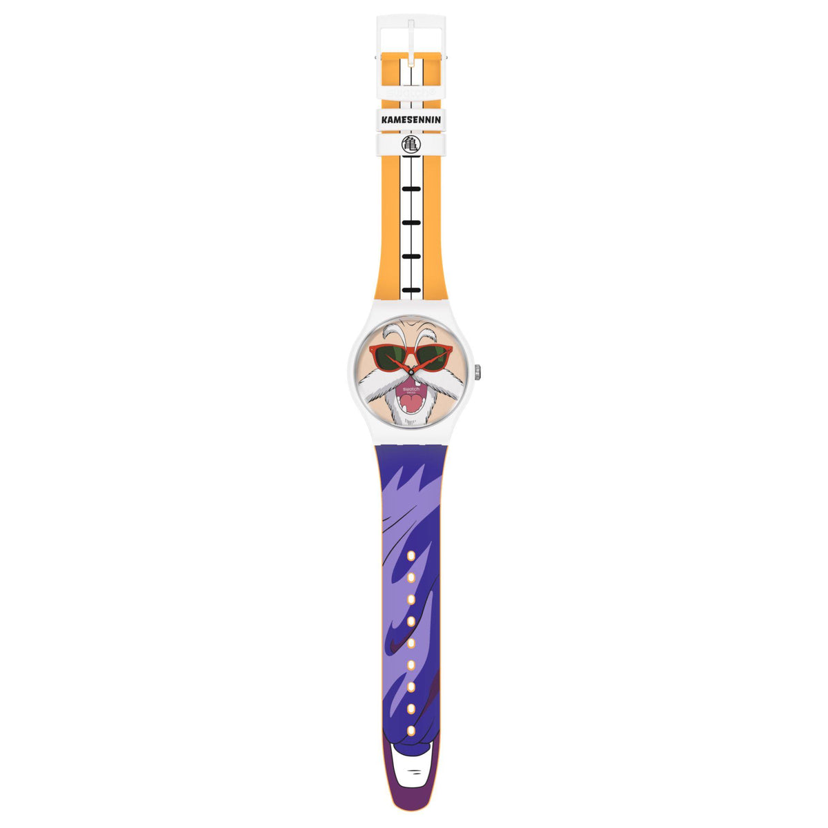 Swatch watch with round face, white case, orange/black top markers, blue patterned strap