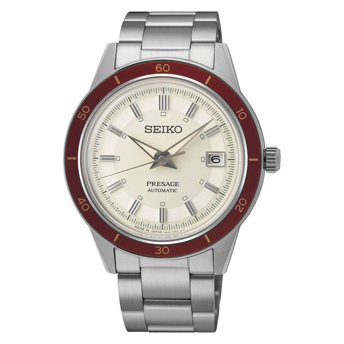 Men's stainless steel automatic wristwatch, white dial, red bezel, steel bracelet