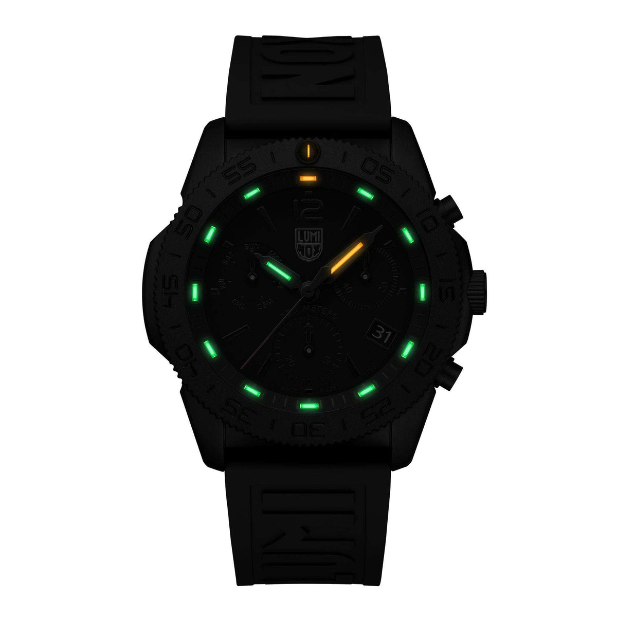 Black rubber diver chronograph watch with glowing green indices and three hands