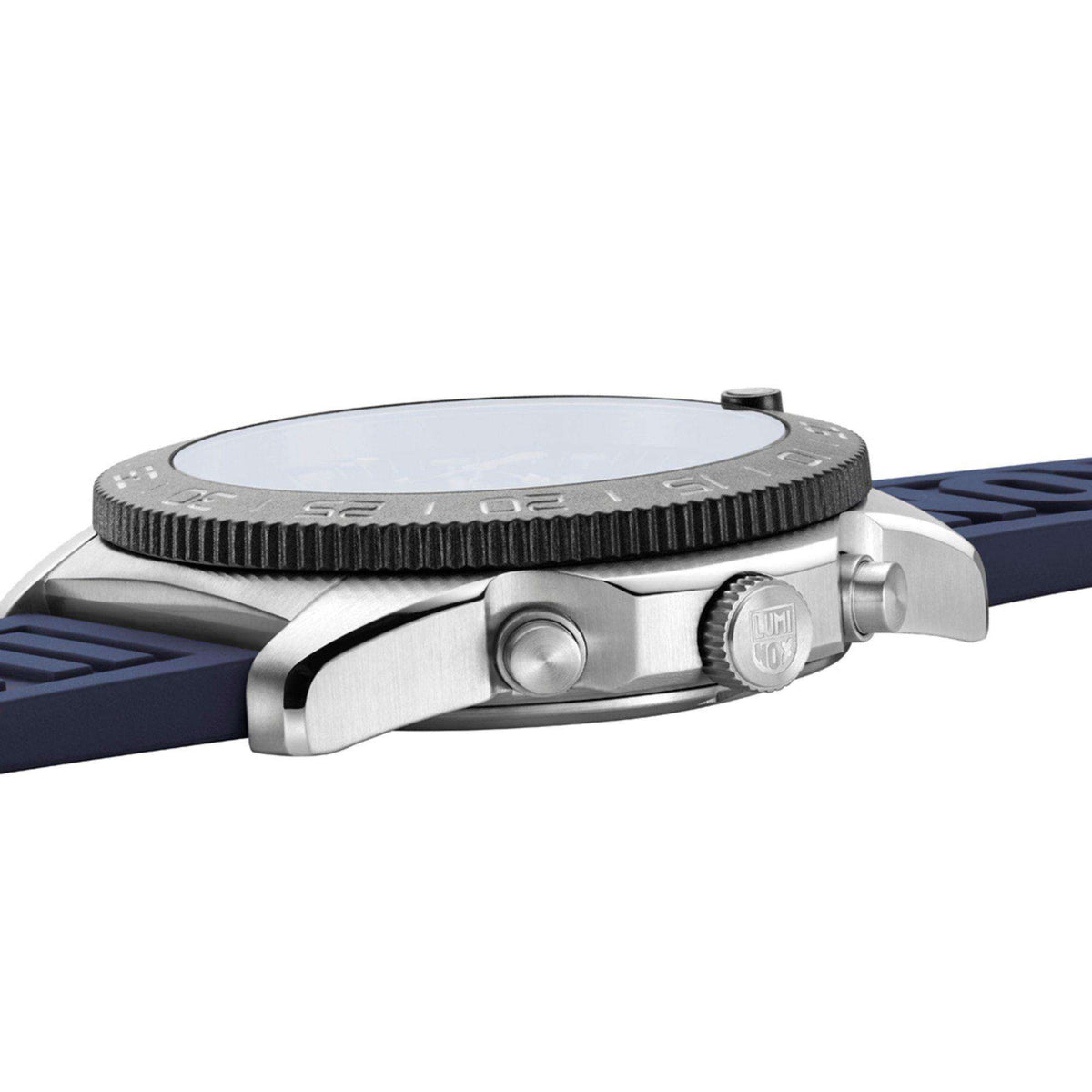 Stainless steel watch caseback with knurled bezel and blue rubber strap, diver style