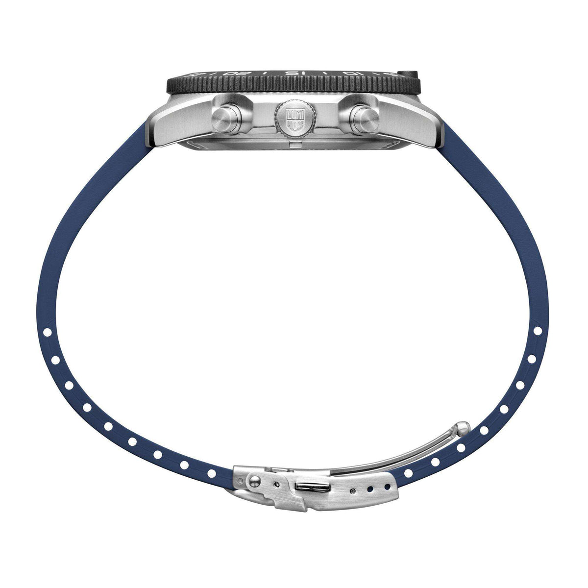 Blue rubber strap with stainless steel buckle and lugs, watch case crown side