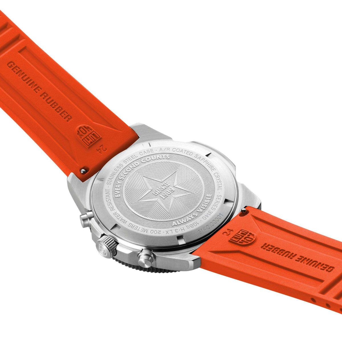 Luminox diver chronograph watch with stainless caseback and orange rubber strap