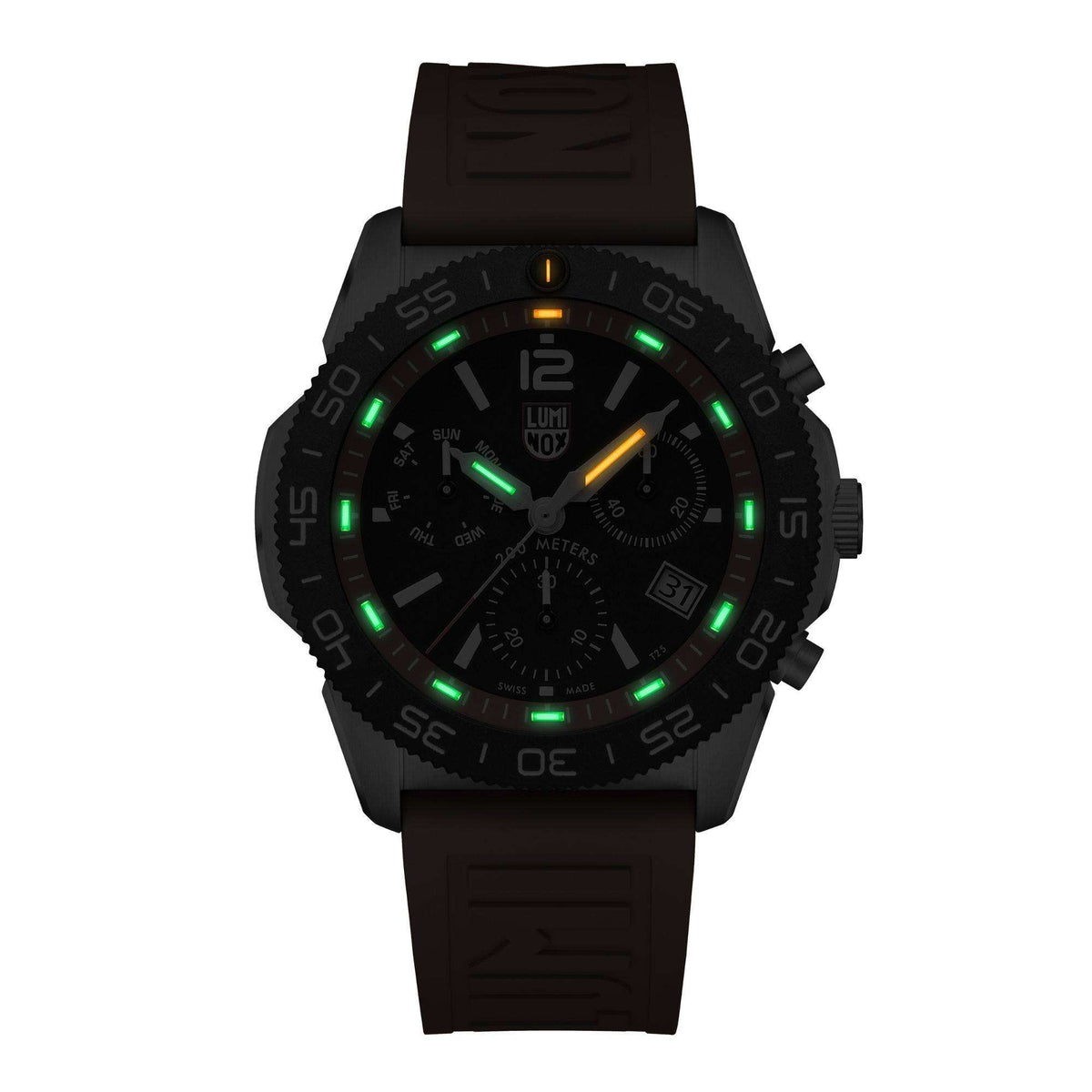 Men's diver chronograph watch with black dial and black rubber strap, green lume markers