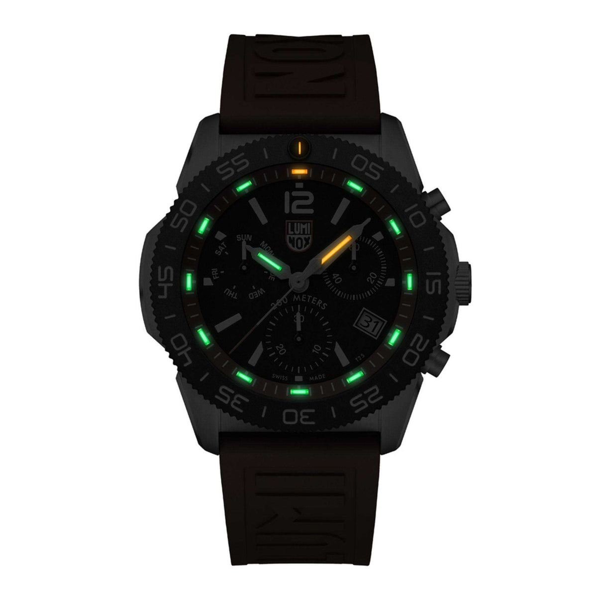 Men's diver chronograph watch with black rubber strap, black dial, luminous green details