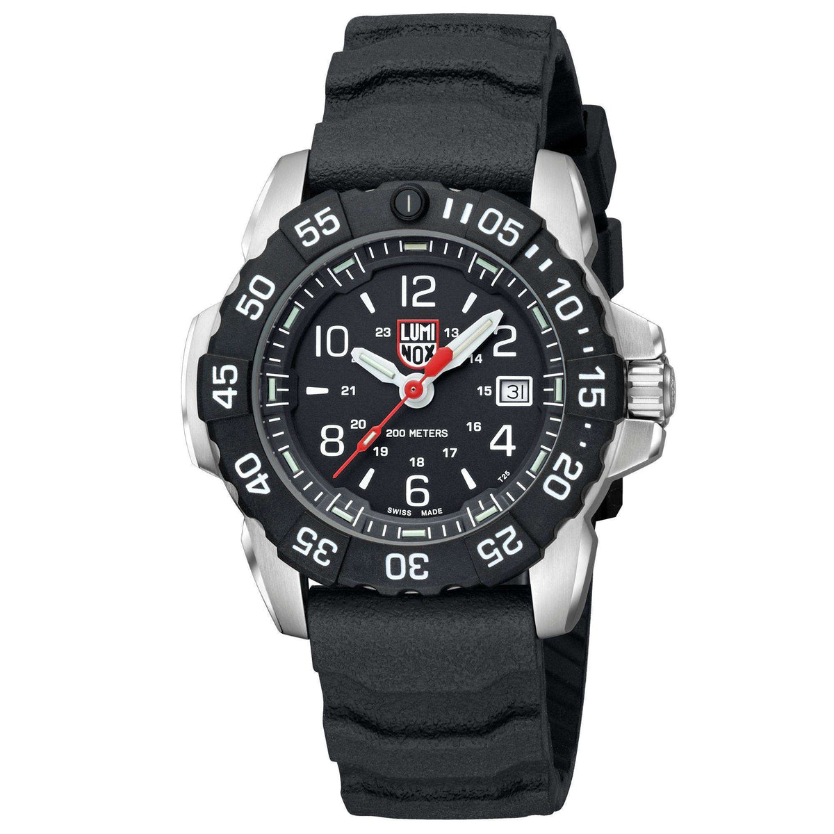 Luminox Navy SEAL XS.3251.CB three-quarter view showing steel case, black rotating bezel, and rubber strap