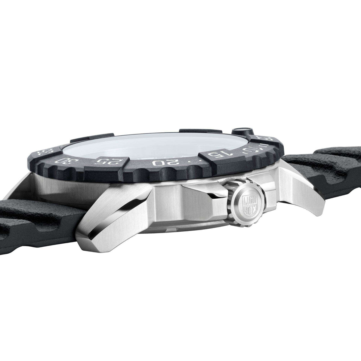 Luminox Navy SEAL XS.3251.CB side angle view showing slim steel case profile and textured bezel edge