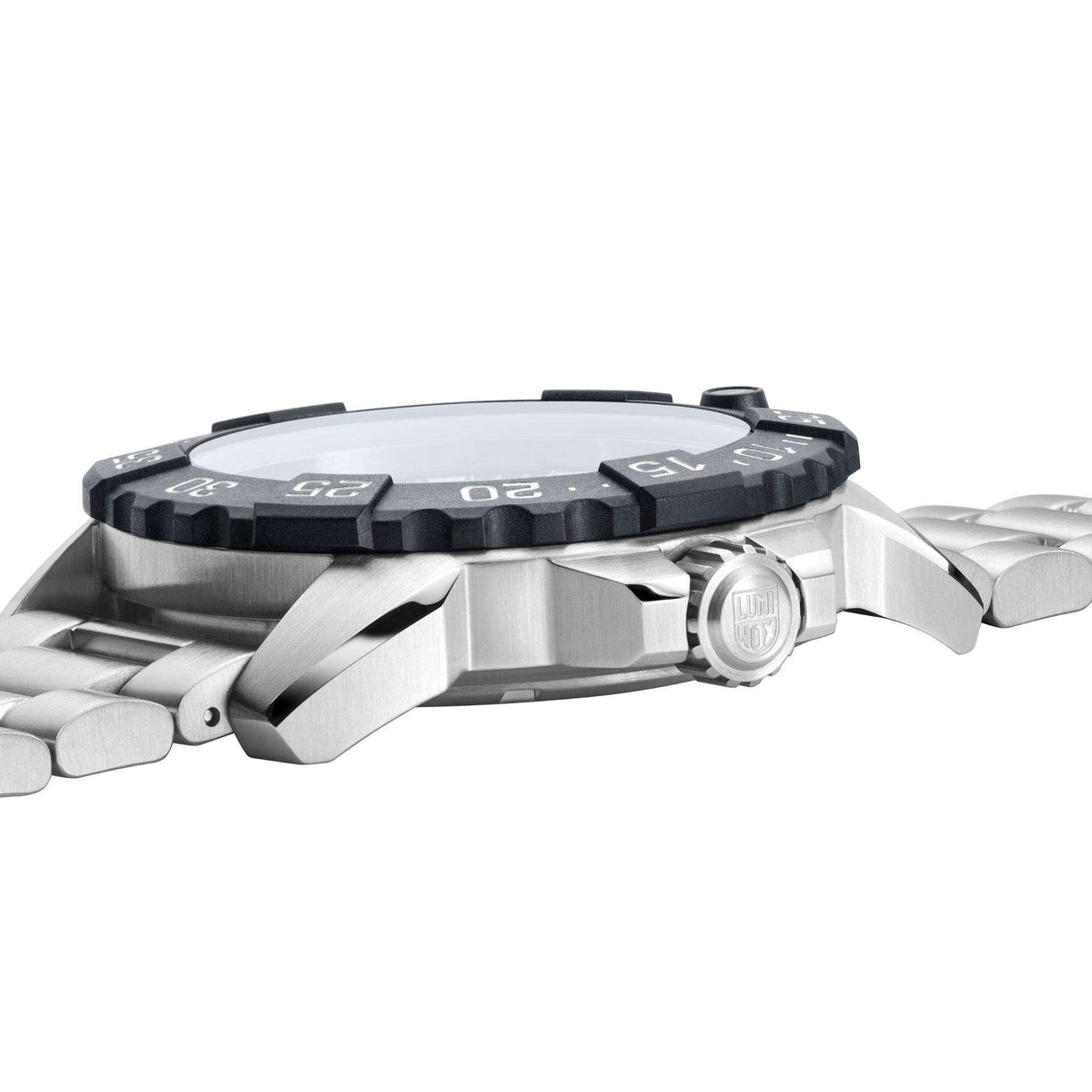 Steel sports watch with dark blue dial and metal bracelet, side view with crown