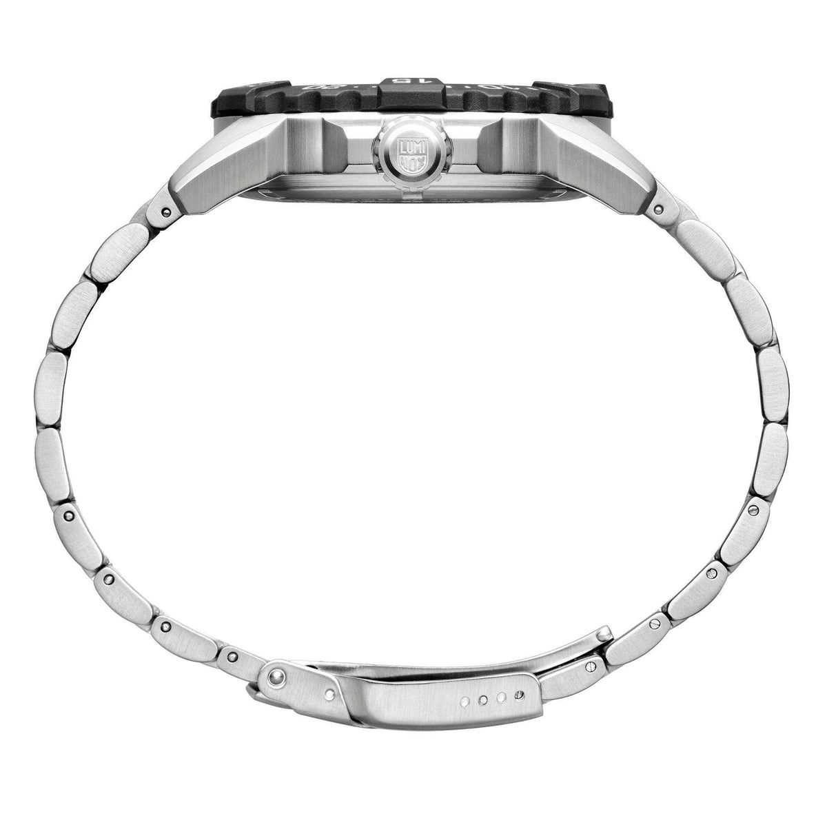 Stainless steel watch case and dark blue bezel, metal bracelet back view