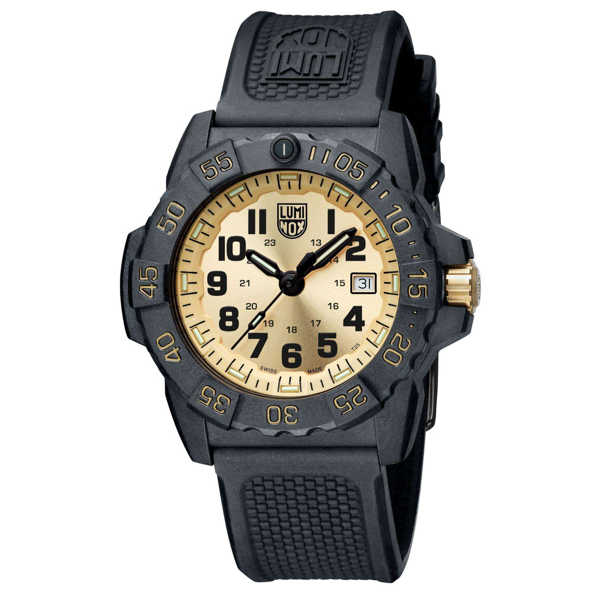 Men's dive watch angled view with dark rubber strap and gold bezel over cream dial
