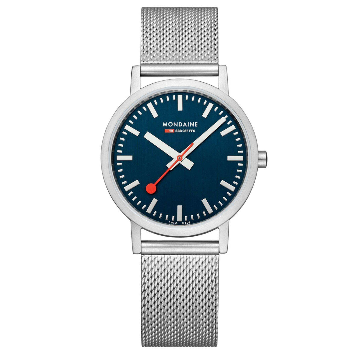 Mondaine deep ocean blue dial watch with silver mesh bracelet and round bezel