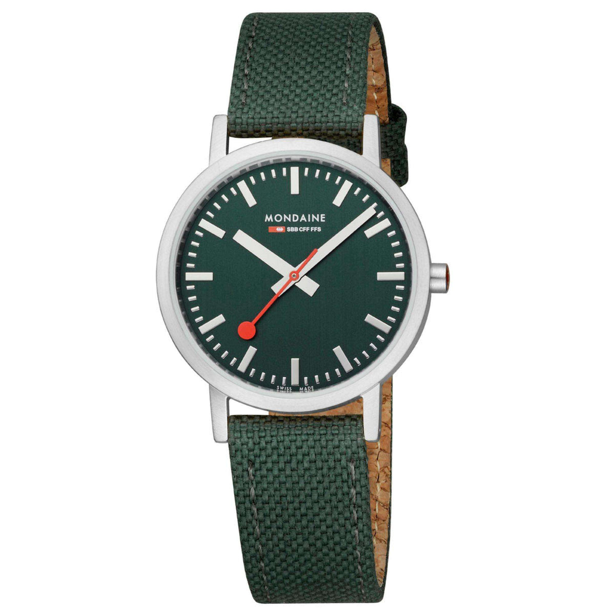 Round forest green dial watch with silver case and green fabric strap, side profile view