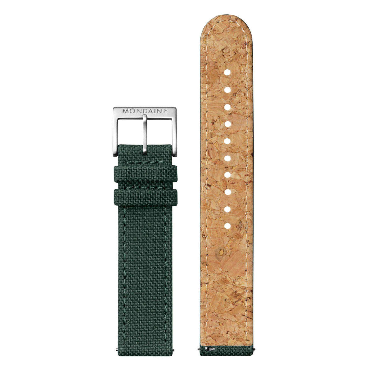 Watch clasp view with forest green fabric band and tan cork-texture outer strap