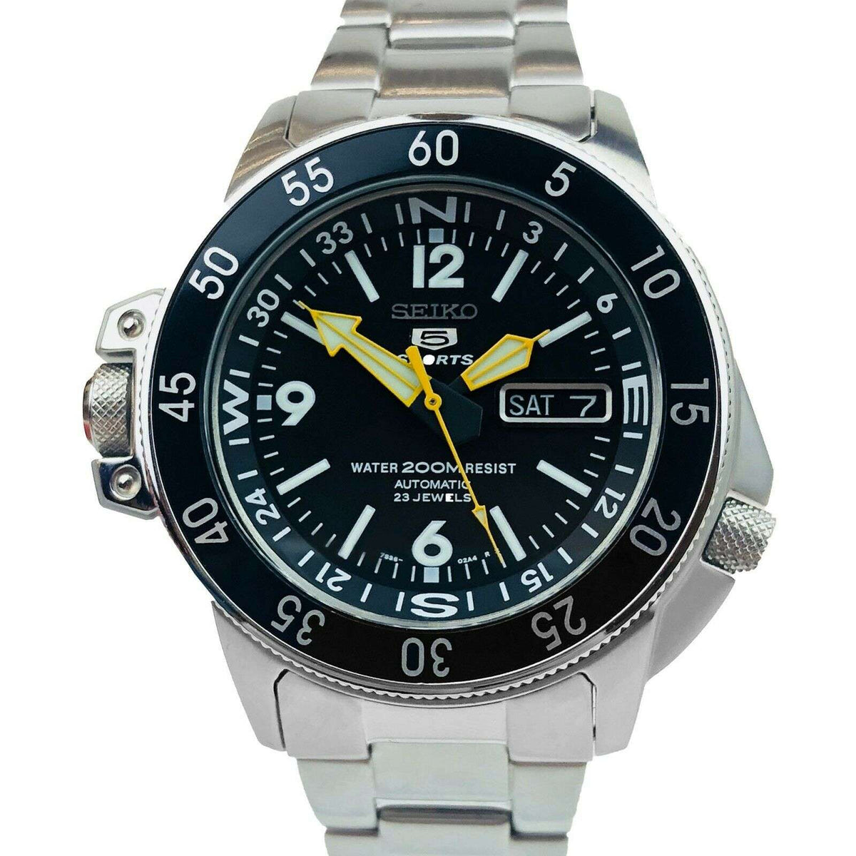 Men's Seiko 5 Sports Land Shark watch with black dial, steel bracelet, day/date window.