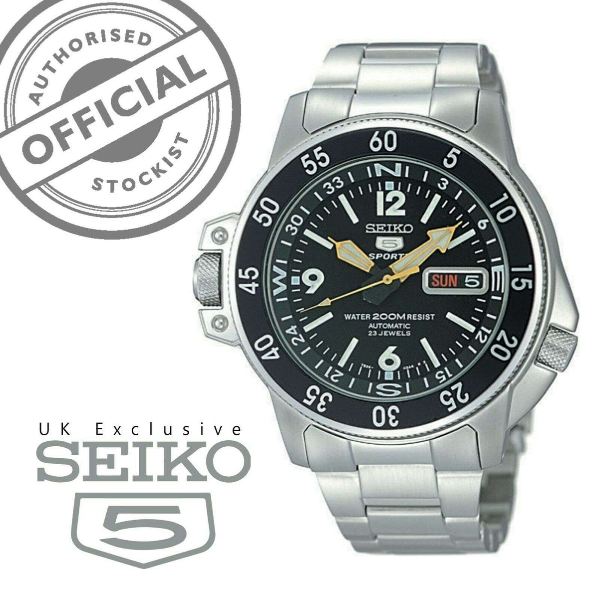 Men's Seiko 5 Sports Land Shark watch with authorised badge and UK exclusive Seiko 5 logo.