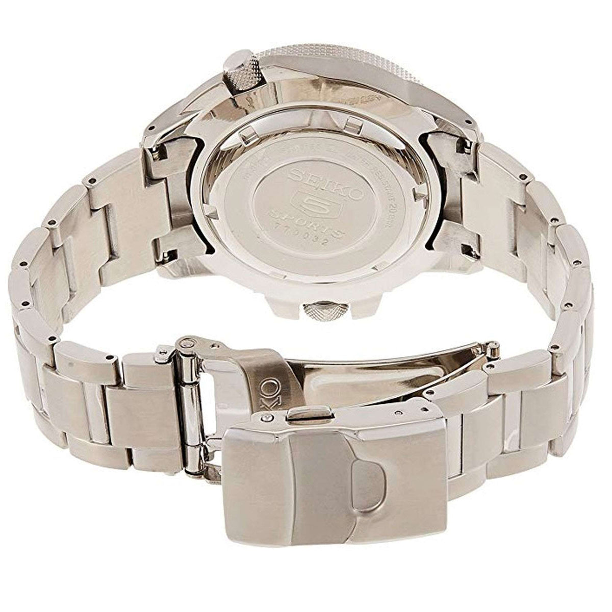 Men's stainless steel automatic sports watch back with signed case and metal bracelet
