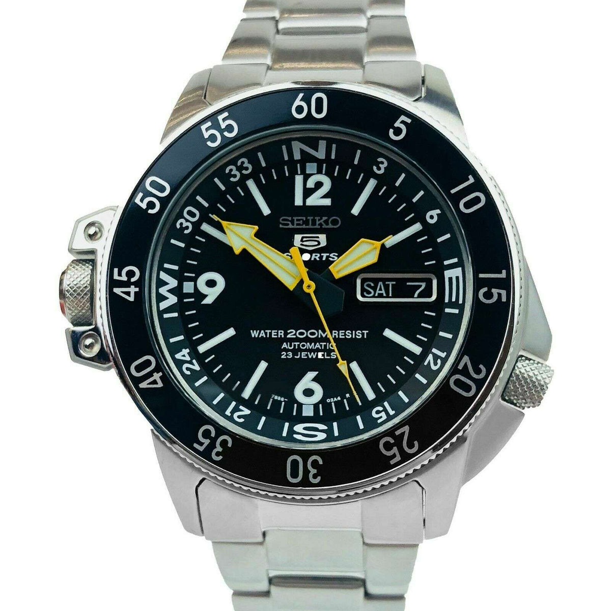 Men's stainless steel automatic sports watch with black dial, yellow hands, and day/date
