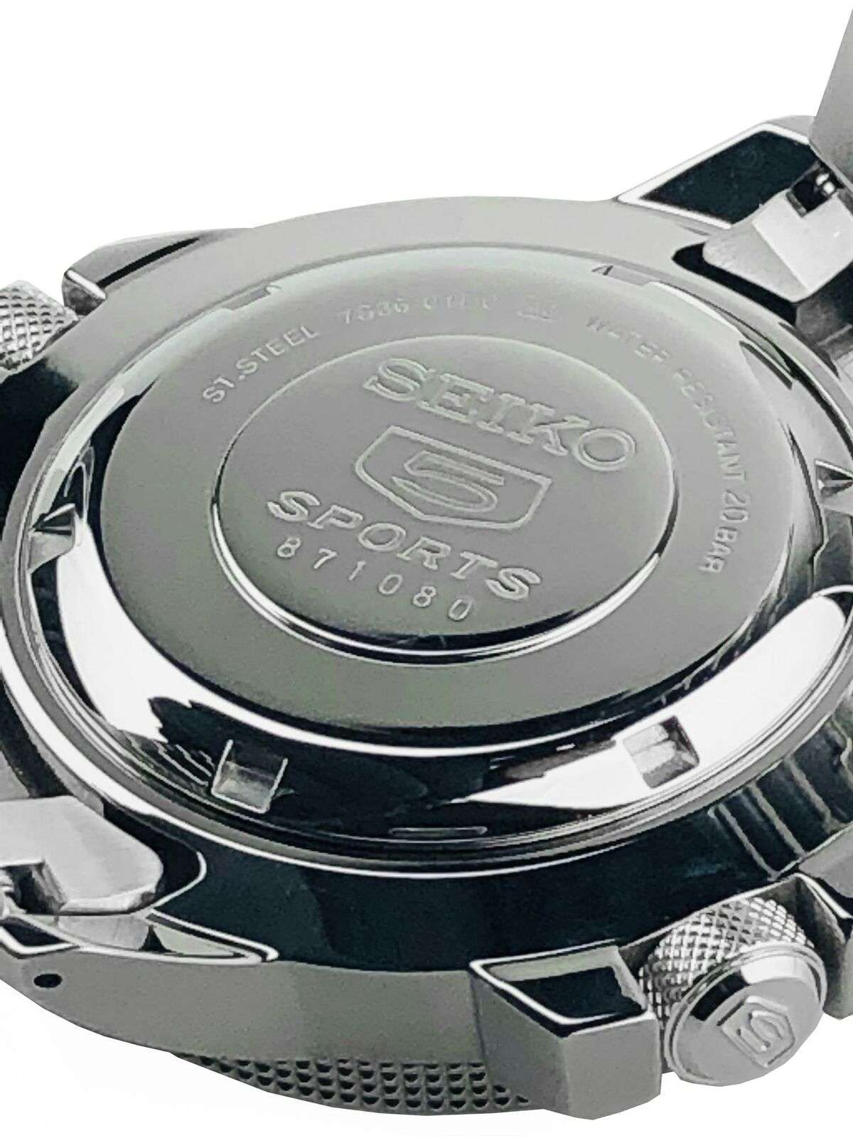 Men's stainless steel caseback with SEIKO SPORTS emblem and brushed metal finish