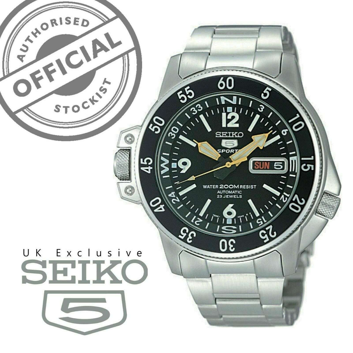 Men's stainless steel sports watch with black dial, yellow hands, and metal bracelet