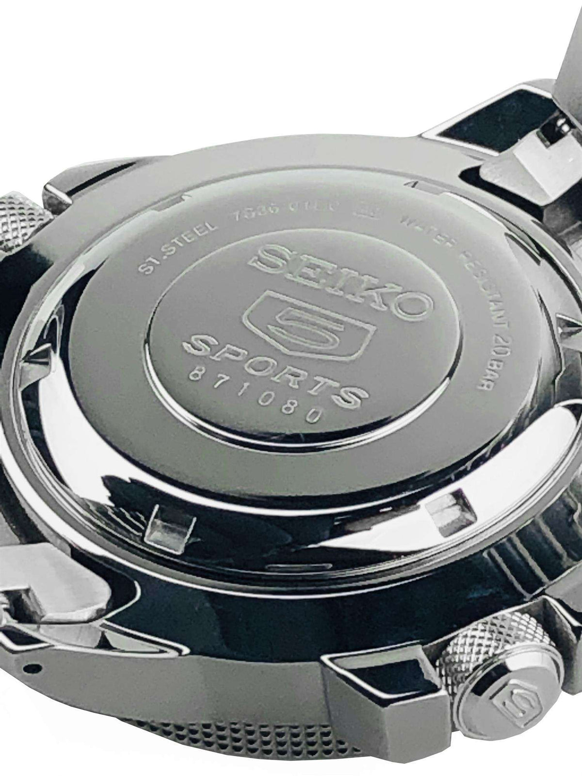Men's Seiko 5 Sports Land Shark watch caseback with SEIKO SPORTS engraving.
