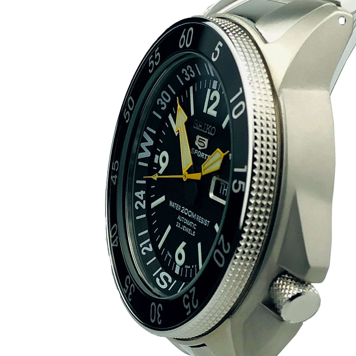 Men's stainless steel sports watch side view with textured bezel and crown