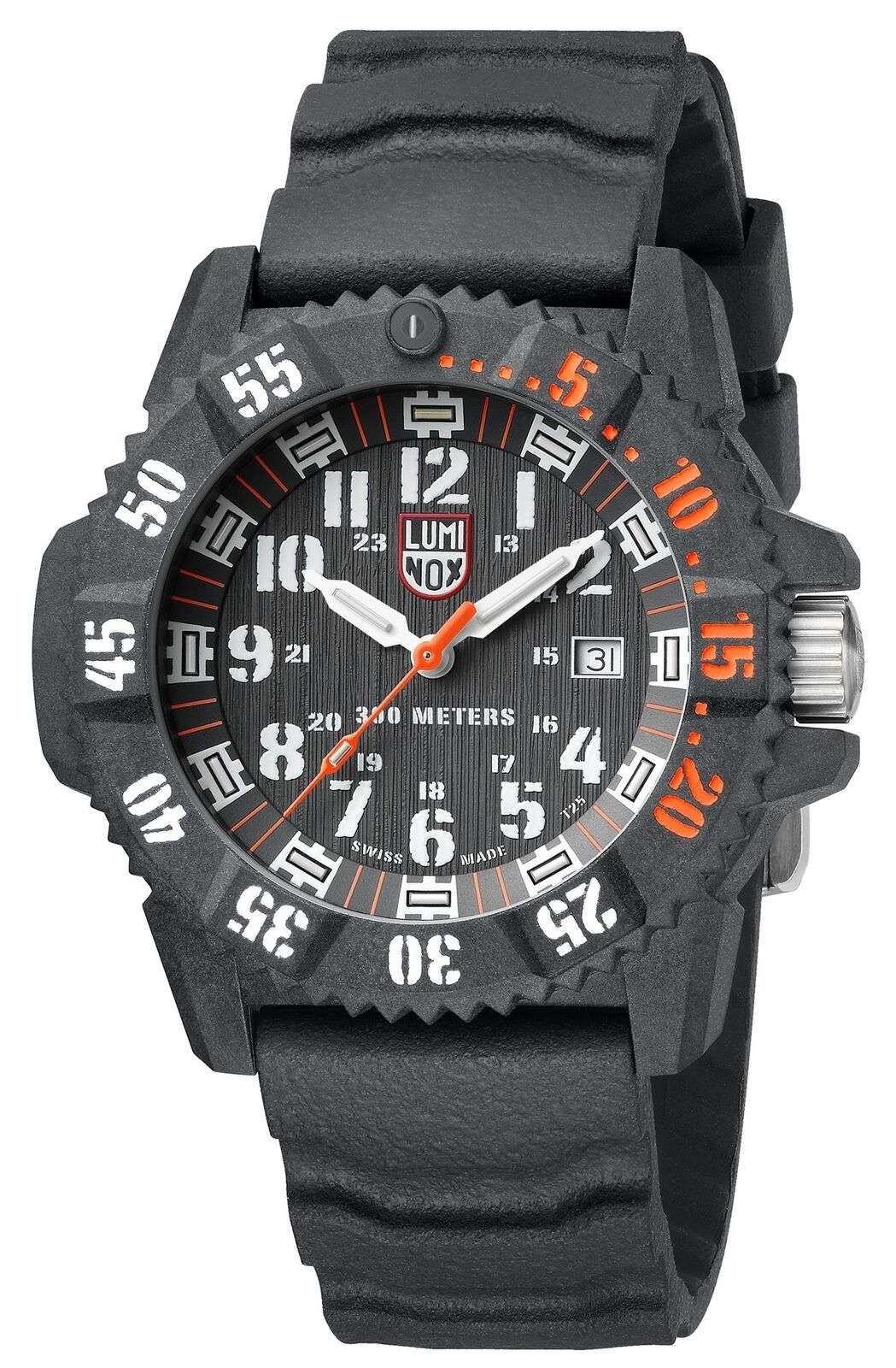 Black silicone men’s quartz watch with black dial, orange hands, date display, rugged carbon case.