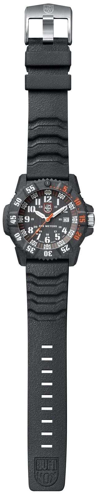 Black silicone watch strap and carbon case with black dial, orange accents, and date window.