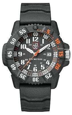 Men's LUMINOX black quartz watch with luminous numerals, orange second hand, silicone strap