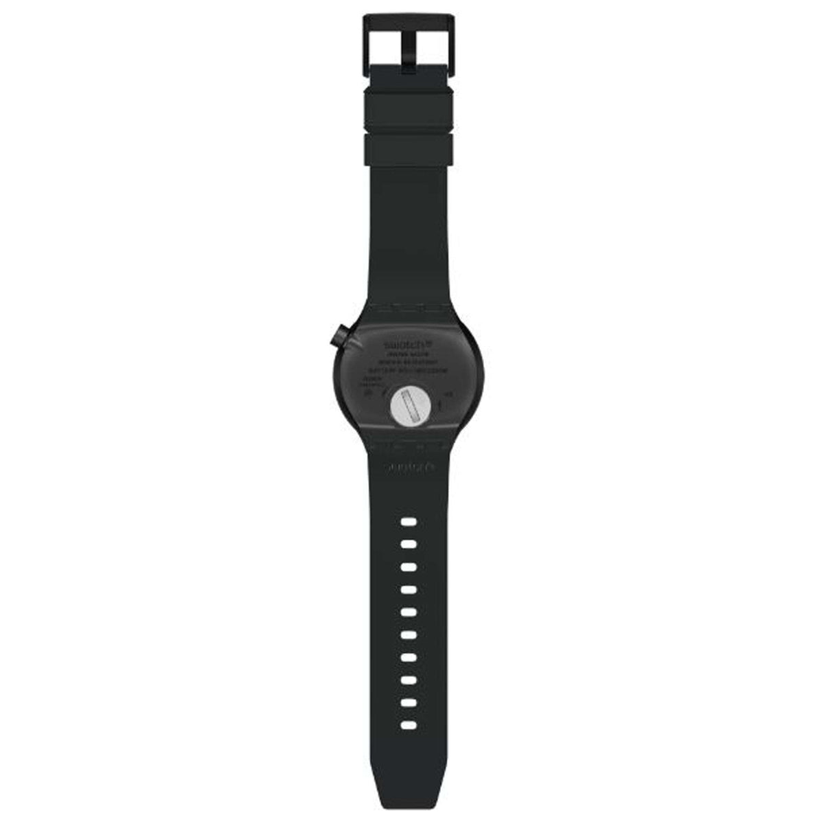 Men's black silicone watch showing rear case with strap and buckle