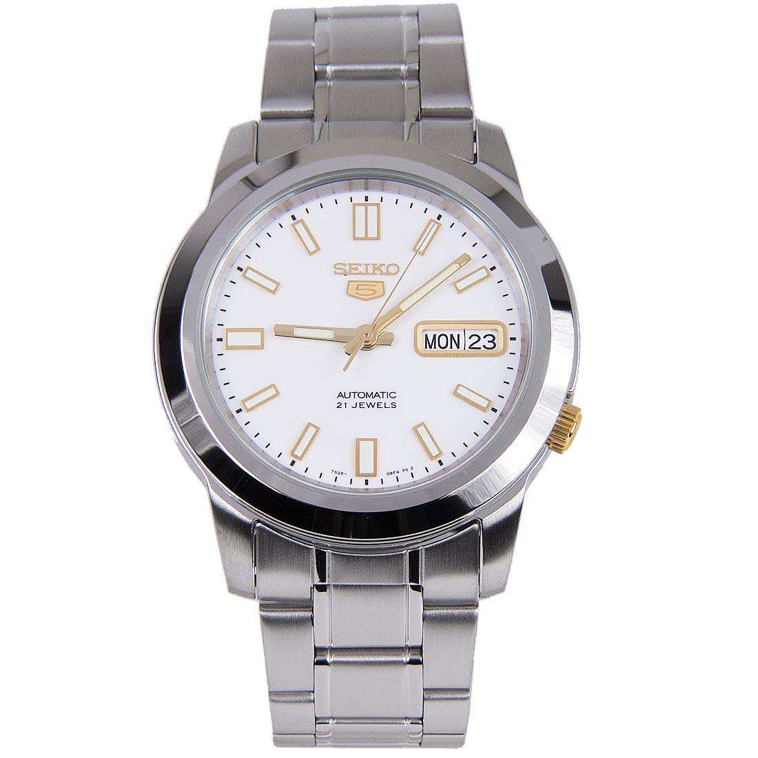 Seiko 5 automatic watch, white dial, gold markers, steel bracelet, date window MON 23