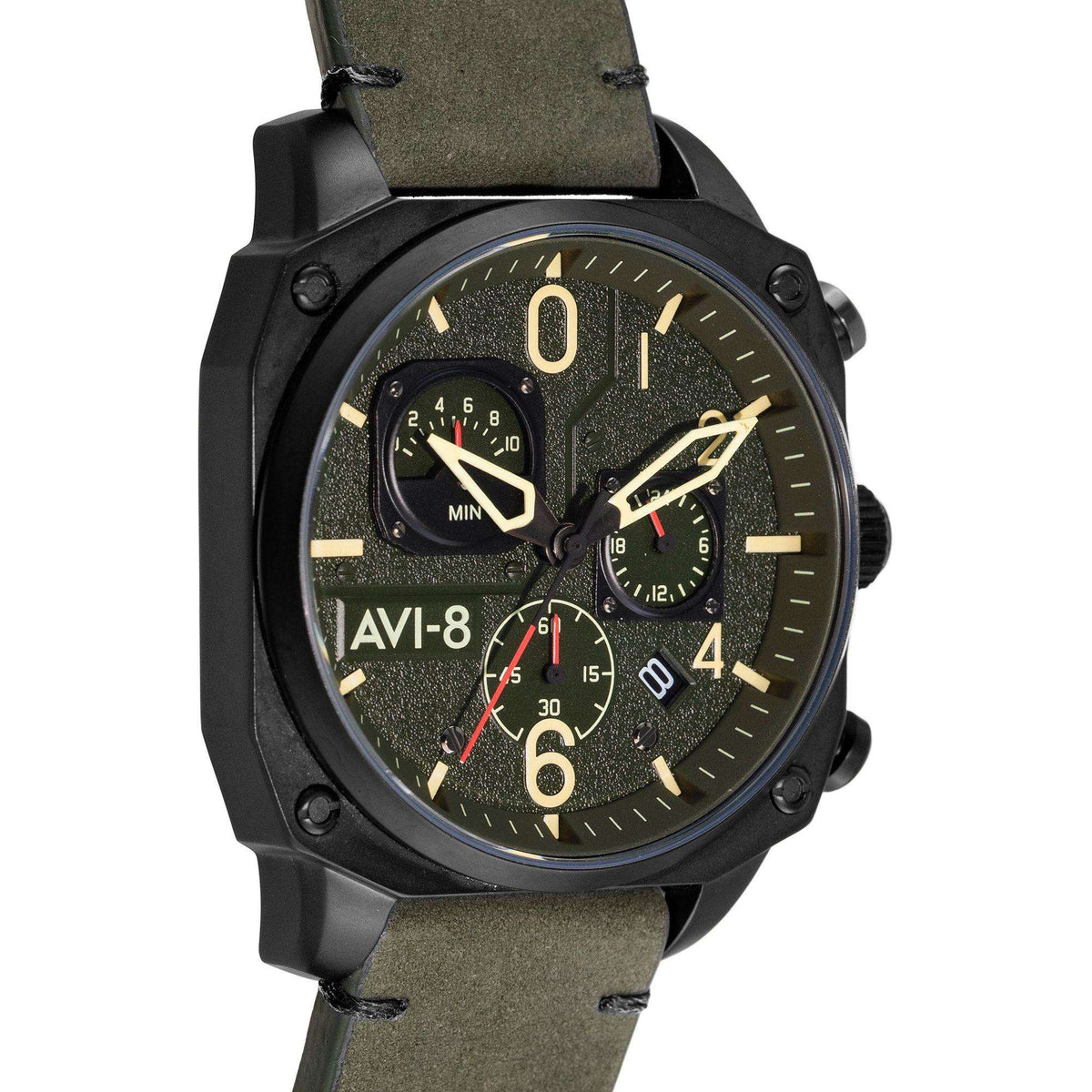 Men's retrograde chronograph wristwatch close-up, green dial, black bezel, olive strap.