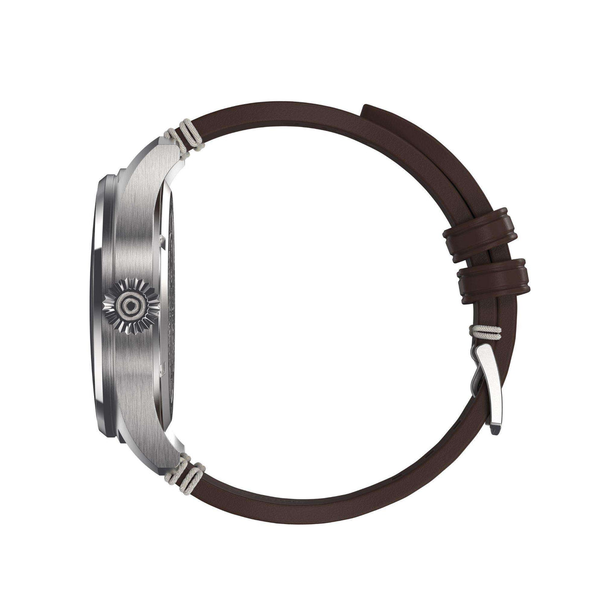 Men's automatic pilot watch back view with brown leather strap and silver case