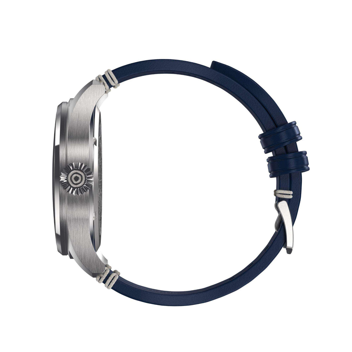 Stainless steel watch case with dark blue leather strap, side view with crown detail