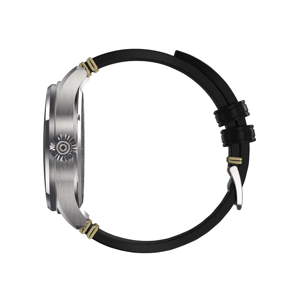 Men's watch case back with black leather strap, round stainless steel back and crown