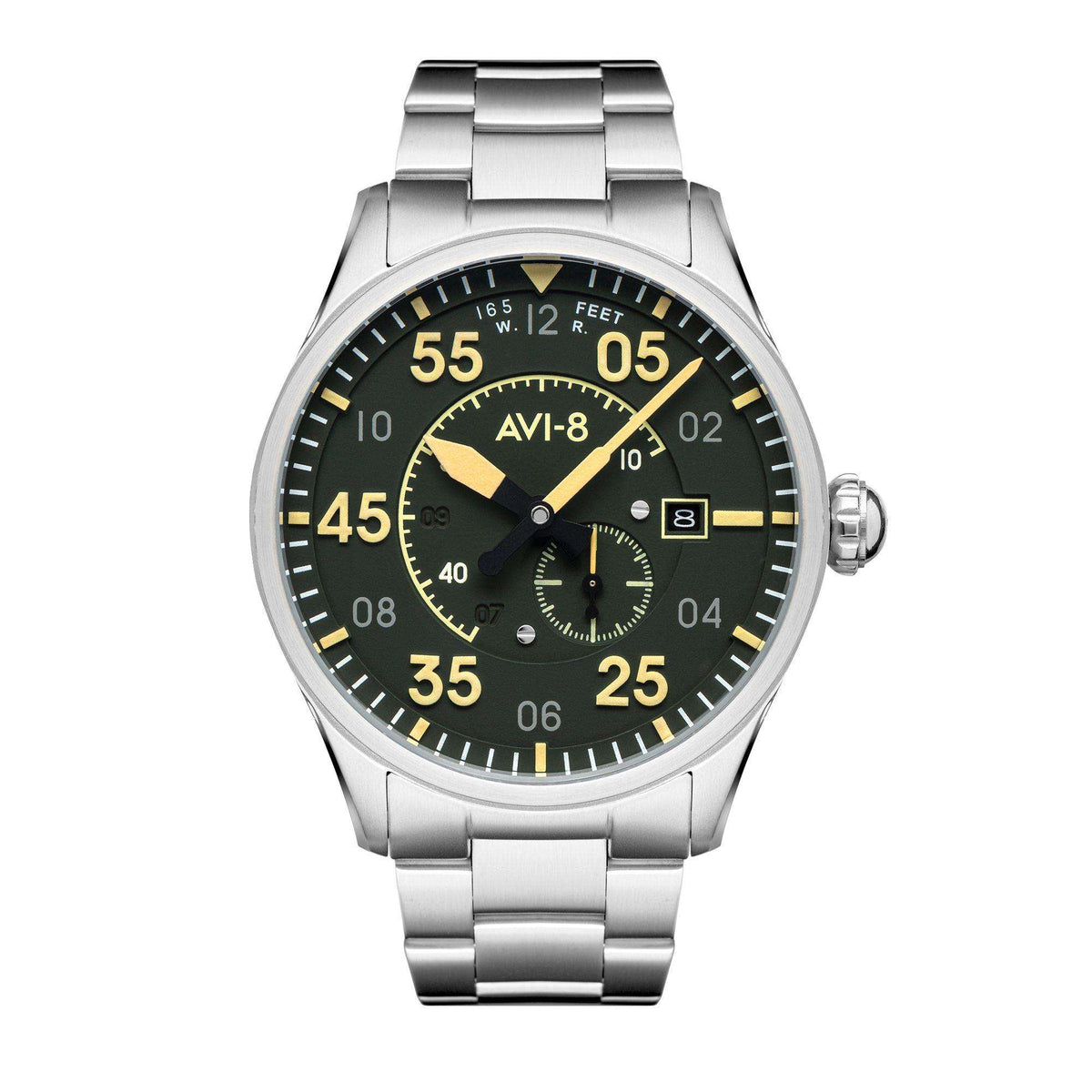Mens automatic pilot watch, silver bracelet and black dial with yellow accents