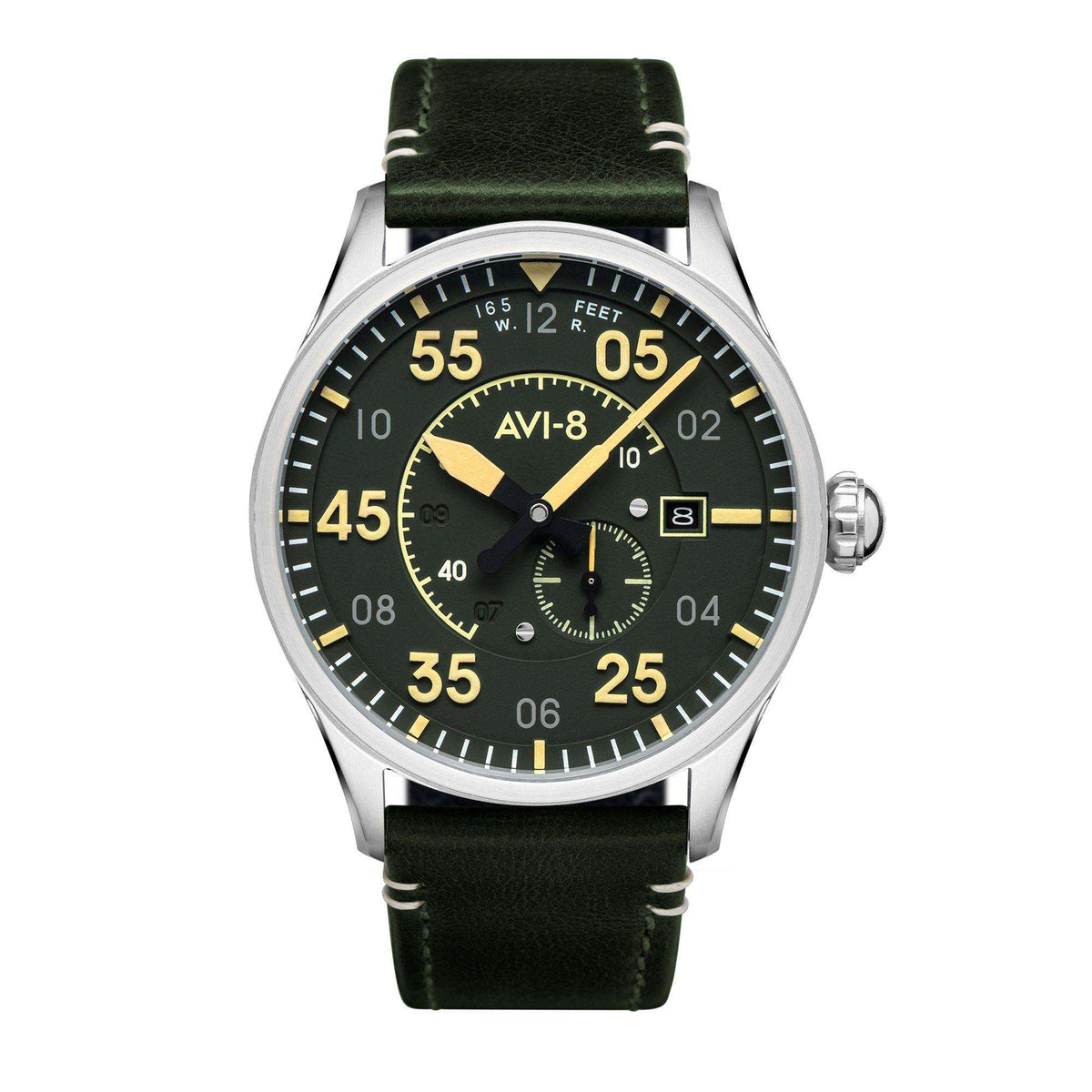 Mens automatic pilot watch, silver case with black dial and olive leather strap