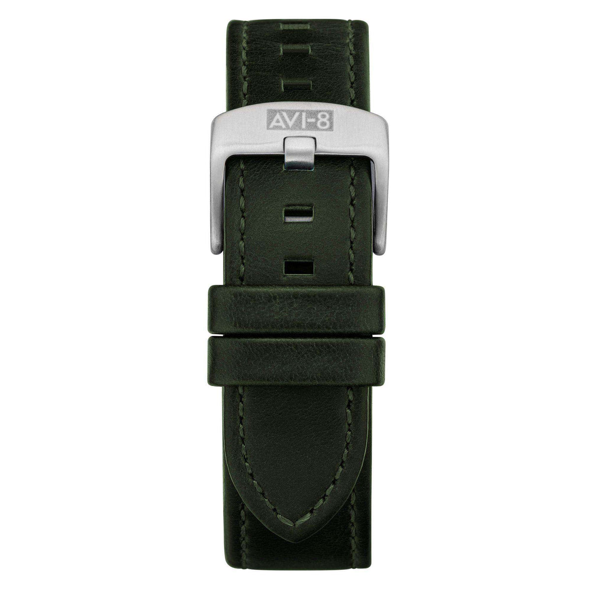 Mens automatic pilot watch back view with olive leather strap and brushed silver clasp