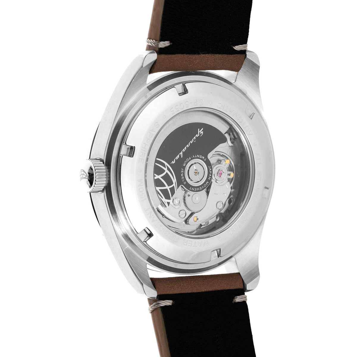 Men's automatic watch back view with exposed movement, silver case, dark leather strap