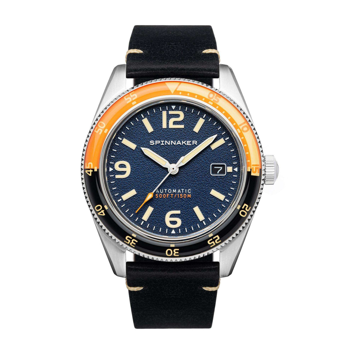 Spinnaker Fleuss automatic watch with orange bezel, blue dial, black leather strap