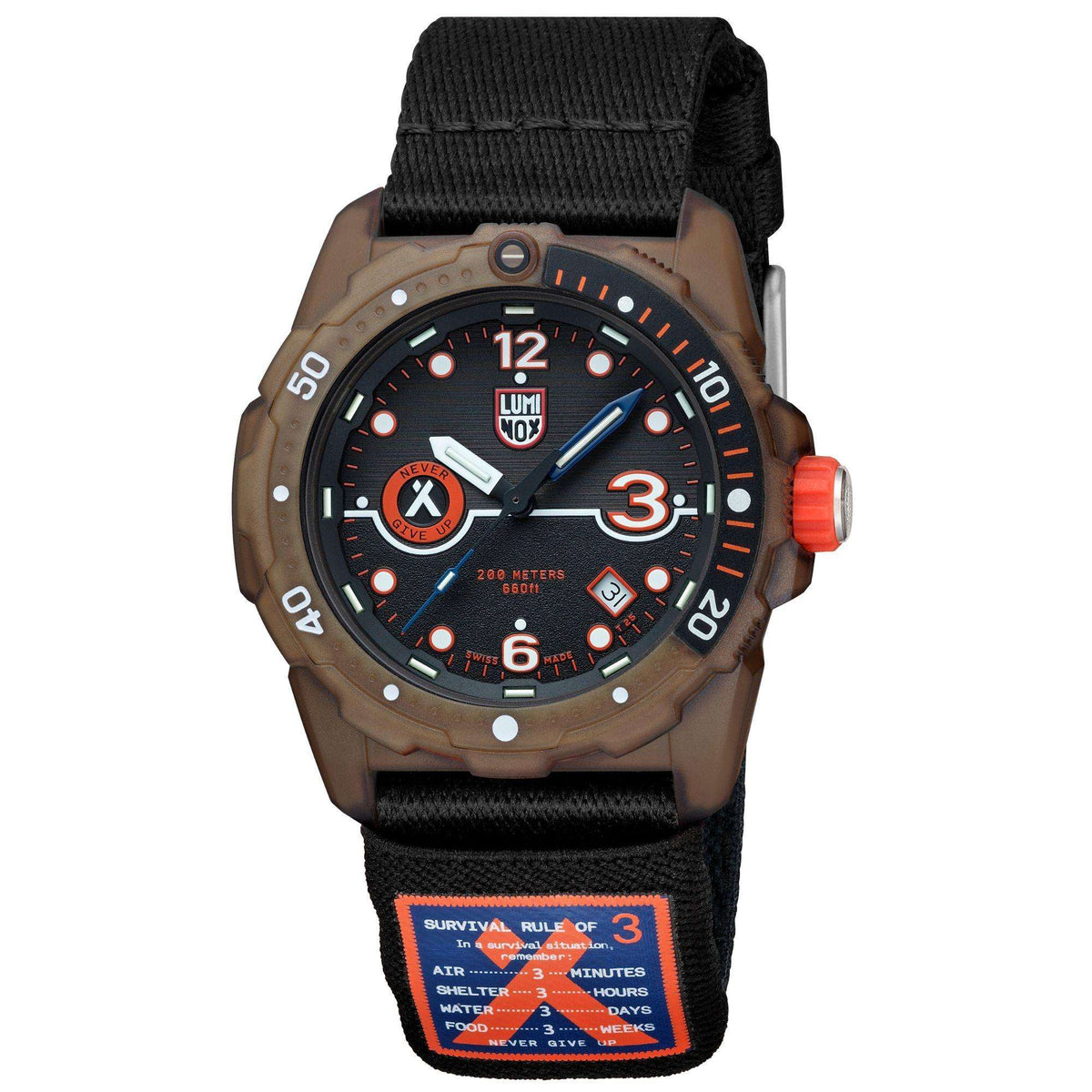 Men's rugged wristwatch with black dial and orange crown, brown case, black fabric strap