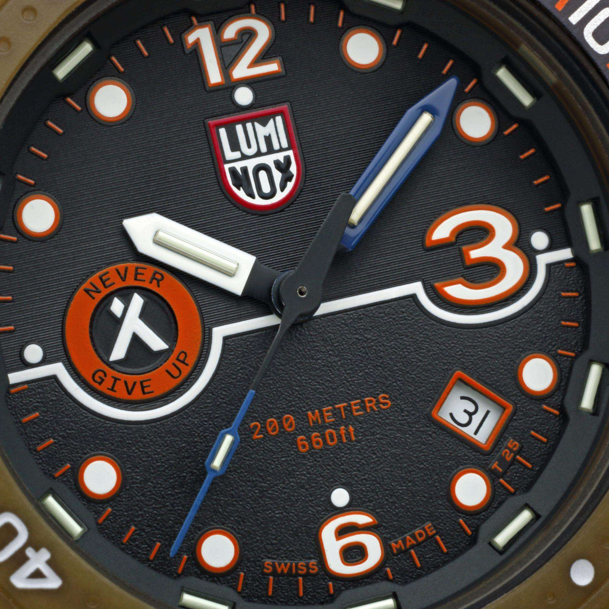Men's rugged watch dial close-up with LUMINOX NOX logo, orange markers, hands