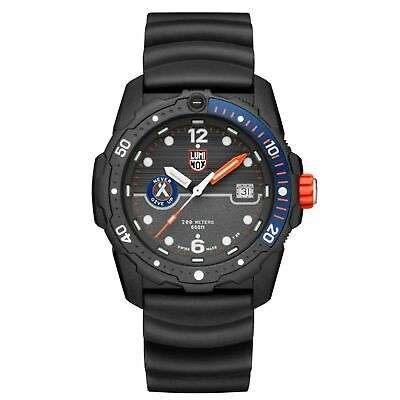 Black rubber diver watch with blue/red bezel, orange second hand, and date window