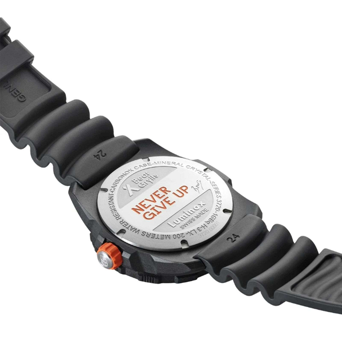 Luminox Bear Grylls black rubber watch caseback engraved “NEVER GIVE UP” with orange button