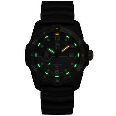 Black men’s sports watch with green luminous dial markers and strap