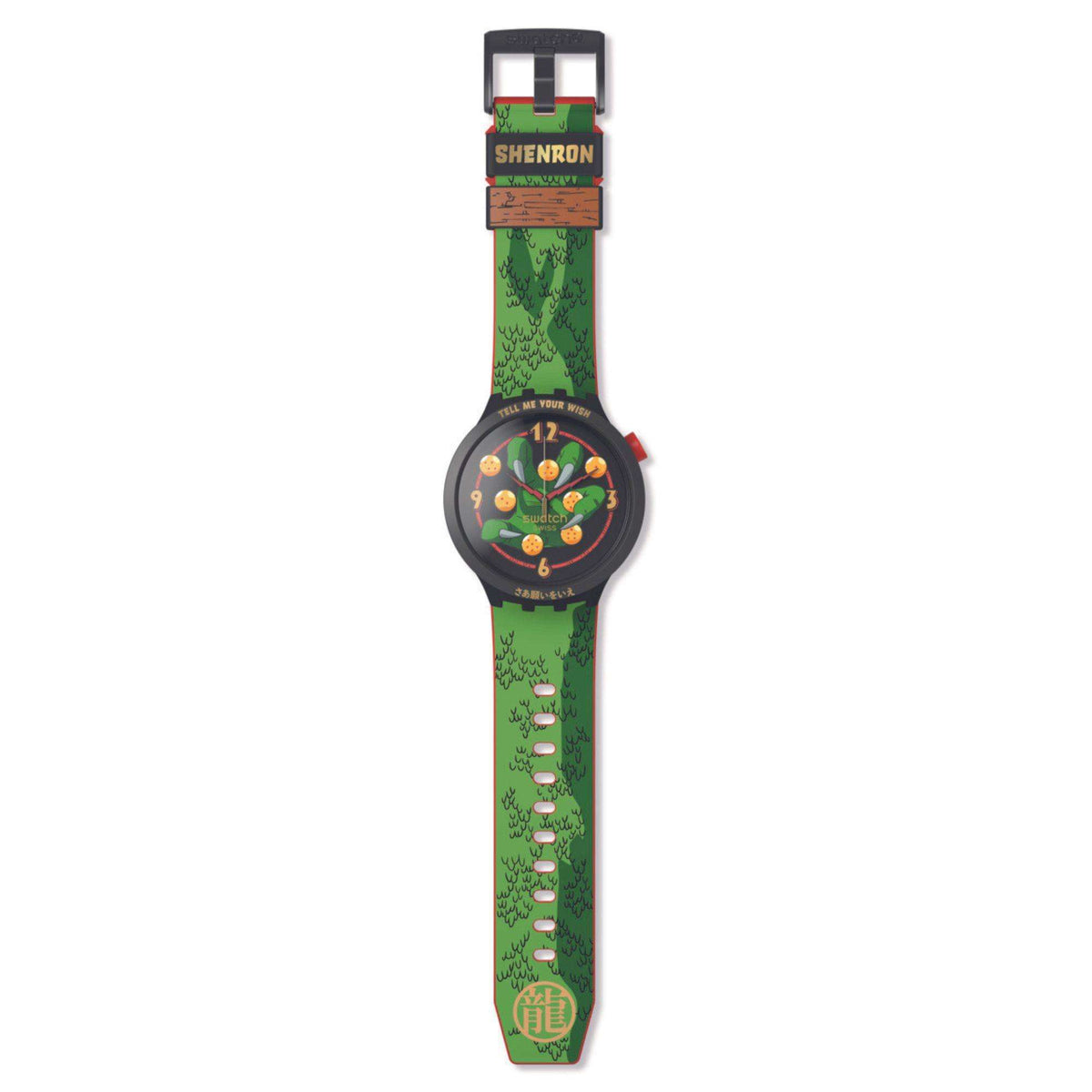 Unisex long-strap watch with green patterned band and round black Shenron face