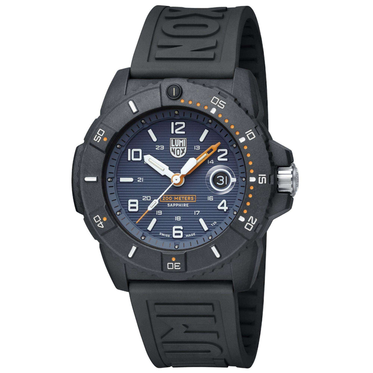 Men's Luminox dive watch with blue dial on black silicone strap, orange accents, date window