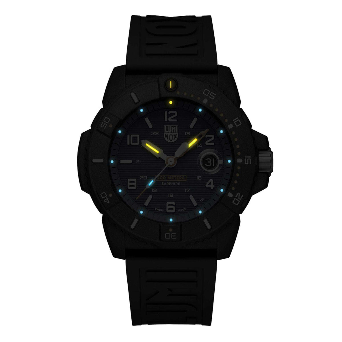 Men's Luminox dive watch with glowing blue dial, black silicone strap, luminous hands and markers